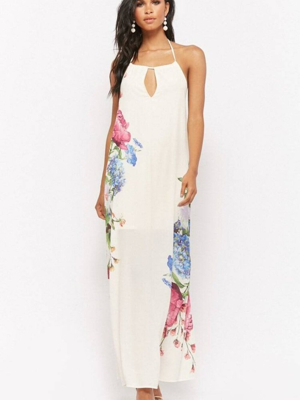 Forever 21 Cream Coral Floral Halter Maxi Dress Small S